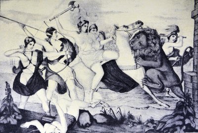 Queen of the Amazons Attacked by a Lion by N. and Ives, J.M. Currier